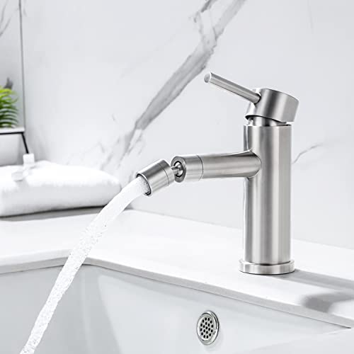 ONECE Robinet de Lavabo pour Salle de Bains, Mitigeur Lavabo en Acier Inoxydable Brossé, Robinet Monocommande pour Lavabo et Bidet avec Bec Orientable, Robinetterie Aérateur Démontable