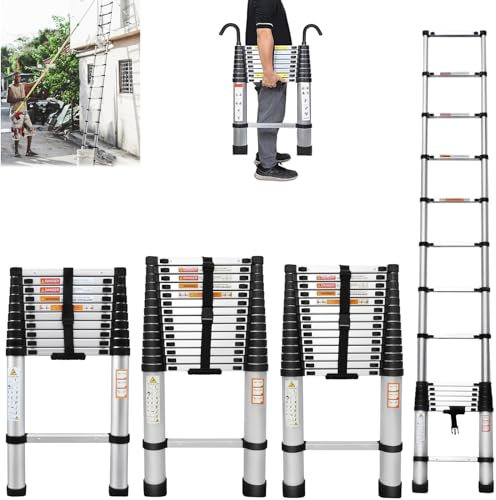 Telescopic Folding Ladder 10.5FT Extension Ladder Multi-Purpose Foldable Step Loft Ladder Anti-Slip Extendable Aluminum Lightweight Collapsible Ladder for Outdoor Indoor Work, 330lb Capacity