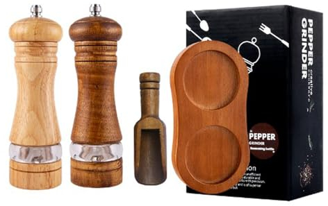 Salt and Pepper Grinder Set, 2Pcs Oak Pepper Grinder with Stand & Spoon, 6 Inches Adjustable Ceramic Grinder Wooden Pepper Mill Salt Grinder Kit Manual Mills for Home Restaurant kitchen Use