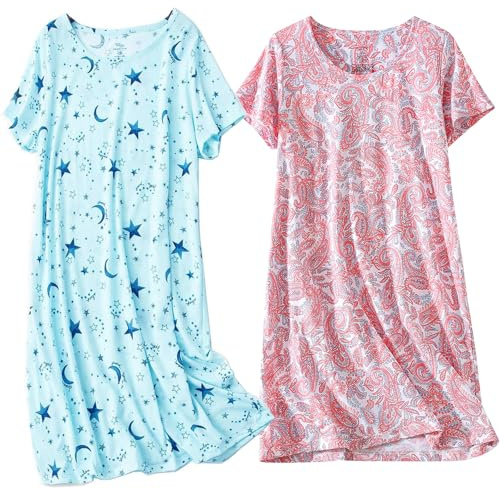 BERDITH 2 Pack Nighties for Women Nightdress Ladies Cotton Blend Nightie Girls Nightshirt Nightdresses Plus Size Night Dress UK 26-28 Gift Mum Mummy Mothers Day