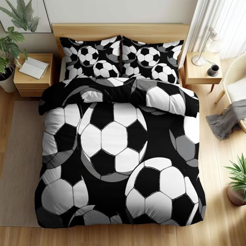 Generico Set Copripiumino Reversibile, Astratto Motivo A Pallone Da Calcio, Tema Sportivo Biancheria da Letto, Morbida Poliestere Lusso 3 Pezzi Set Per Bambini e Ragazze, 150 x 220 cm