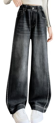 Domueay Jeans pour Filles Baggy Denim Pantalon Long avec Haute Taille Élastique, Loose Fit Doux Mode Casual Polyvalent Enfants Vetement Décontracté Ado Streetwear pour 13-14 Ans, Gris