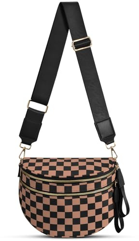 Checkered Nylon Crossbody Bag Bum Bag for Women Mom Large Checkered Fanny Packs with Adjustable Strap