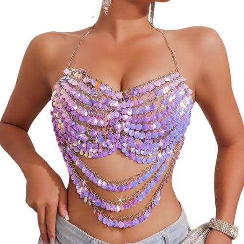 FeMereina Top corto con cadena de lentejuelas para mujer, diseño de lunares brillantes, discoteca, halter, con cadena, para discoteca, discoteca, corazones, Morado (, Altoa única