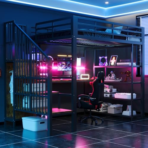Merax Lit mezzanine en fer 140 x 200 cm avec long bureau, panneau perforé, prise, LED, étagères à plusieurs étages - Noir (sans matelas)
