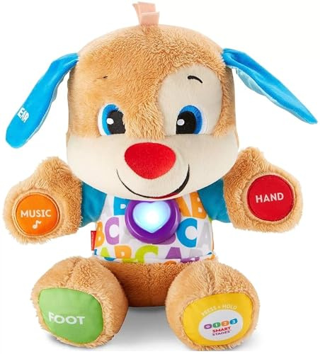 Fisher-Price Lernspaß-Hündchen mit drei Stufen | sprechendes Kuscheltier mit Musik als Kinderspielzeug und Baby Spielzeug | Interaktiver Teddybär, Version: UK-Englisch , FPM43