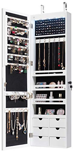 GOPLUS Armoire à Bijoux Mural avec Miroir et Lumière LED, Armoire de Rangement Mural, Accrochée à la Porte avec Serrure, Miror Porte-Bijoux 120 x 36,5 x 11,5CM (Tiroir Nomal, Blanc)