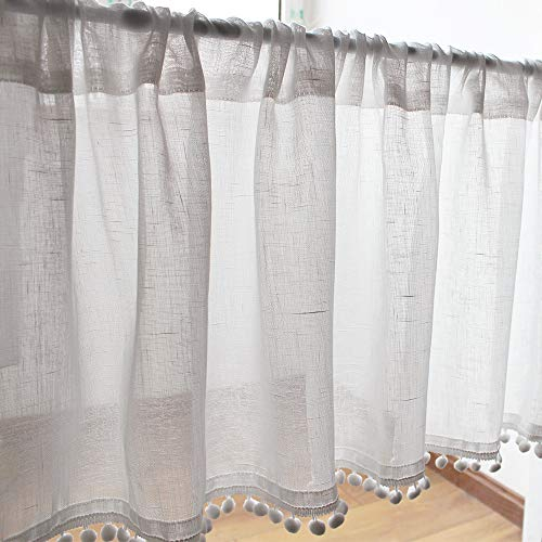 choicehot Landhausstil FensterVorhang Baumwolle Leinen Bistrogardine-Scheibengardine Halbtransparent Bistrogardine Vintage Scheibengardine Mit Pompons 50 x 150 cm (H x B)