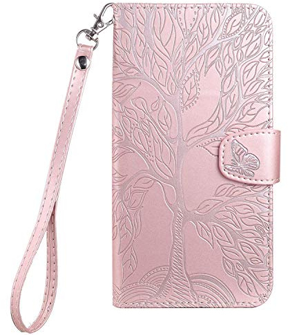 Aisenth Coque pour iPhone XS Max, Arbre de Vie Papillon Motif Housse Case en Cuir Synthétique Cover à Rabat, Portefeuille Étui de Protection avec Fentes pour Cartes, Fonction de Support, Or Rose