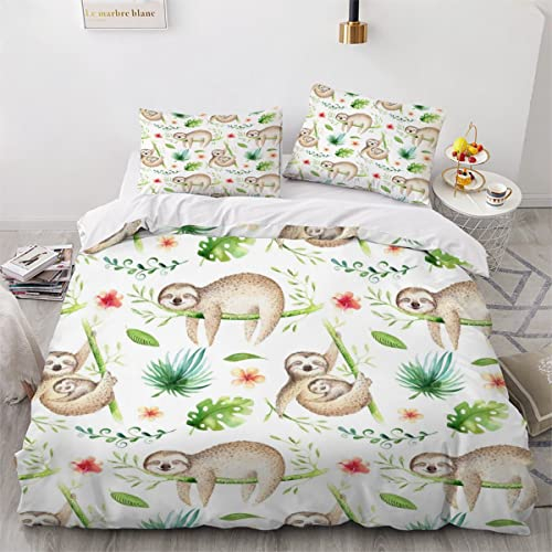 Kinderbettwäsche 135x200 Baby Faultier 3d Druck Bettbezüge Weich Pflegeleicht Bettwäsche-Sets Kindlich Und Niedlich Mikrofaser Bettbezug mit Reißverschluss und 2 Kissenbezug 80x80 für Jungen Mädchen