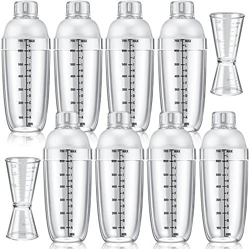 10 Pcs Plastic Cocktail Shaker Set, Including 8 Pcs 24 oz Clear Coffee Shaker Drink Mixer with Measurements 2 Double Measuring Jigger Bar Cup for Tea Coffee Bubble Tea Milk