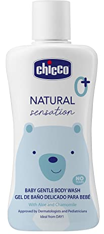 Chicco Natural Sensation Tränenfreies Duschgel mit Aloe und Kamille, feuchtigkeitsspendend und beruhigend, reinigt die Haut des Kindes sanft, macht die Haut weich und duftend, 200 ml
