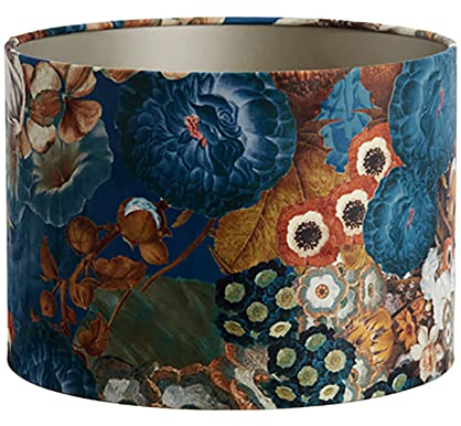Lampenschirm Zylinder in Velours mit Blumen Motiven in Blau für Tischleuchte Tischlampe 30-30-21