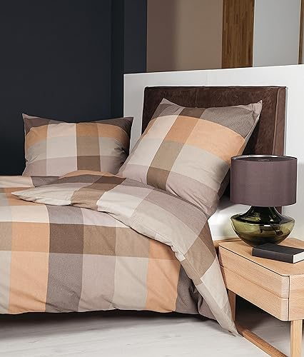 Janine Davos - Ropa de cama de 155 x 220 cm + 80 x 80 cm, funda nórdica suave de franela fina, con cremallera, 100% algodón, certificado Öko-Tex, color marrón caramelo
