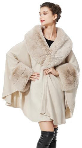 BEAUTELICATE Kunstpelz Poncho Stola Damen Umhang Cape Herbst Strickjacke Winter Mantel Mit Kunstfell Kragen Für Hochzeit Braut Abend S105 (Glatter Pelzkragen - Beige)