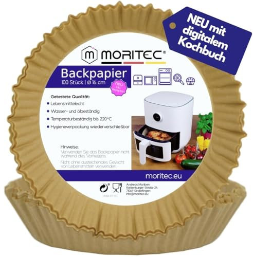 Backpapier für die Heißluftfritteuse|16-20 cm rund|2-4,2l|ideal für den Einstieg|antihaft|wiederverschließbare Verpackung|100 Stück|Zubehör für Airfryer|einfache Reinigung|digitale Rezepte