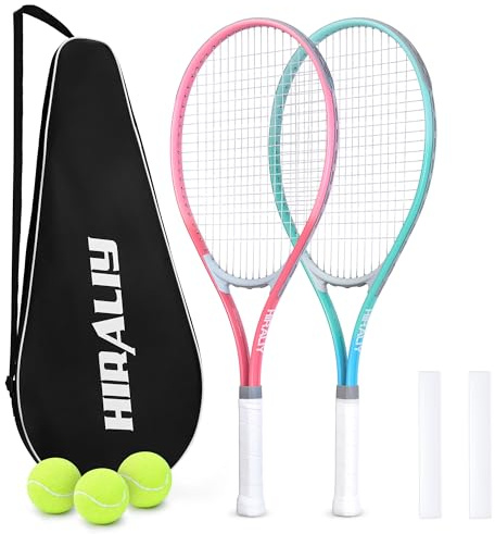 HIRALIY 27 Tennis Rackets Set for Adults, 2 Player Pre-Strung Tennis Racquets, 2 Overgrip Tapes,3 Balls, and 1 Carrying Bag, Outdoor Recreational Sport for Beginner (Pink/Green)