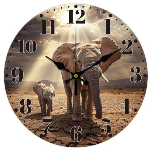 CHGCRAFT 12 Inch Wild Elephant Pattern Round Wall Clock Battery Operated Silent Non Ticking, for Kitchen Living Room Bedroom Bathroom Home Office Decor