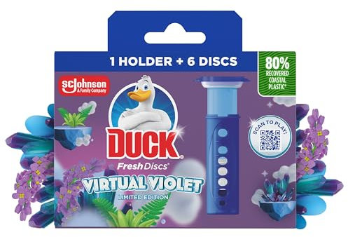 Duck Fresh Discs Toilet Cleaner Starter Kit, Fights Stains That Harbour Germs, Prevents Limescale Build Up, Virtual Violet, Pack of 5 (Each Kit contains 1 Holder + 1 Refill Tube)