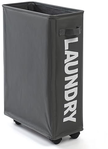 LEKEFETO Cesto portabiancheria pieghevole con ruote: 42 l, in tessuto Oxford, pieghevole, impermeabile, per camera da letto, lavanderia, bagno, grigio scuro, 57 x 39 x 19 cm