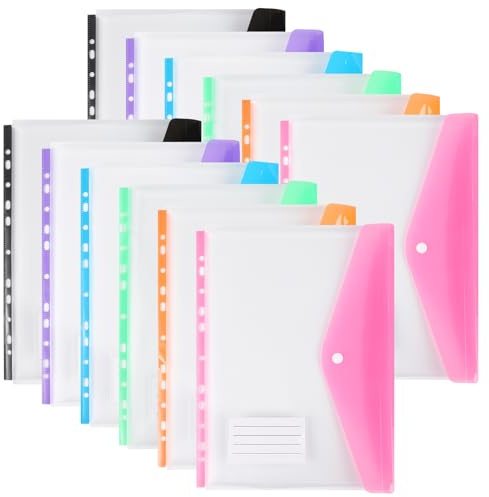 Cartelline portadocumenti in plastica A4 con tasche perforate, cartelle espansive con 11 fori per raccoglitori a 2/3/4 anelli con portadocumenti a scatto e etichette a fogli sciolti trasparenti per