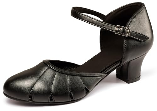 ARCLIBER Women's Ballroom Shoes Leather Pumps Ankle Strap 1.55 Modern Dance Heels for Salsa Tango Flamenco Latin Character Shoes Size 9 Black