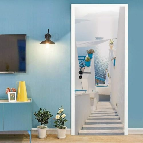 Adesivi per Porte 80x210cm Pittura ottica Adesivo Porta Interna Scale bianche 3D Pellicola Adesiva Carta da Parati Soggiorno Bagno Autoadesivo Porta Murale Decorazione