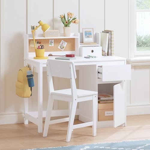 UTEX Kids Desk and Chair Set, Kids Study Desk with Hutch for 5-12 Years Old, Children Wooden Study Table, Student Writing Table Computer Workstation