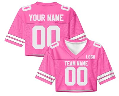 Generisch American Football Trikot Damen personalisiert Name Nummer, Y2K Crop Top Oversize Streetwear Mädchen, Sport Bauchfreies Oberteil Kurzarm V-Ausschnitt Cheerleader Outfit