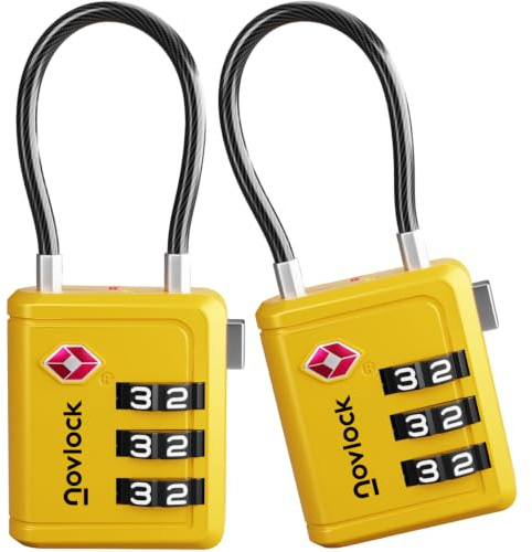 TSA Bagagelås med Alertindikator – Kombinationslås med Flexibelt Kabellås – För Resväskor, Kabinväska, Ryggsäckar, Bagage och Skåp – 2-pack gul