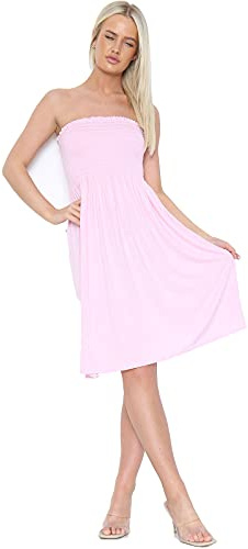 Candid Styles Womens Bandeau Sheering Strapless Shirred Boobtube Elasticated Swing Dress Top Baby Pink