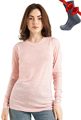 Merino.tech Merino Shirt Damen Langarm - Premium 100% Merino Unterwäsche Damen Langarmshirt, Sportunterhemden + Wollsocken (Small, 165 Pink Heather)
