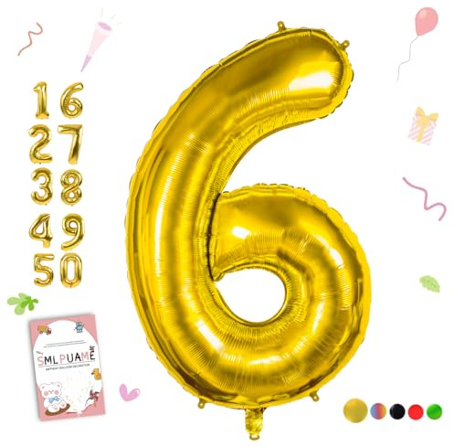 Smlpuame 102cm Folienballon Zahlen Luftballon 0-9 Geburtstag Golden Große 6 Ballons für Geburtstagsfeier Feierdekorationen, Heliumfolien Zahlenballons für Hochzeitstag