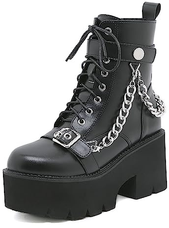 GooMaShoes Botas de plataforma punk negras con cordones gruesos para mujer, tacón alto gótico, puntera redonda, tobillo de combate, botas góticas con cremallera lateral emo, negro 5, 39 EU