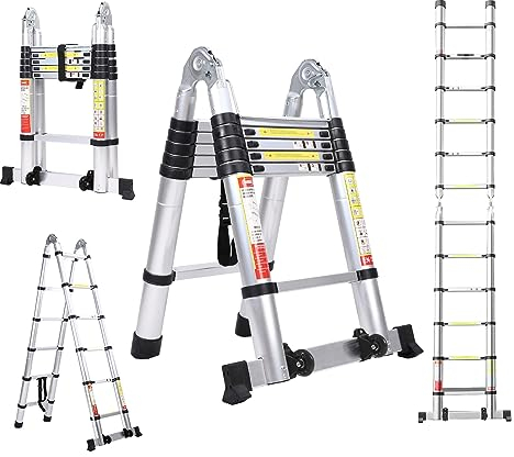 BOWEITI 3.8m Teleskopleiter, Teleskop Einer Rahmenleiter mit Balance Bar und beweglichem Rad, Haushaltsgebrauch faltende Leiter, Mehrzweck zusammenklappbare Leiter für Außenarbeit