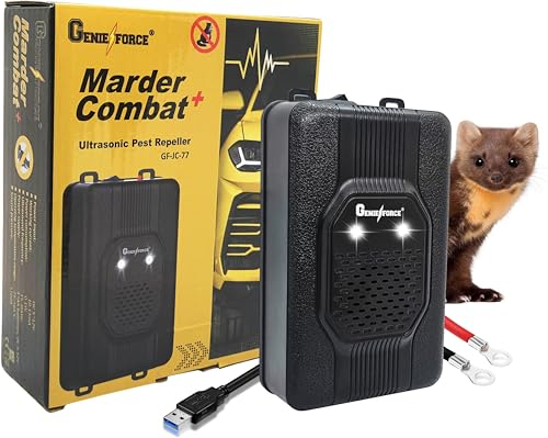 Genieforce® GF-JC-77 Protection contre les martres à ultrasons pour voitures, maison, grenier et jardin, connexion à une batterie de voiture 12 V, alimentation USB ou par piles