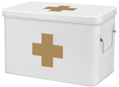Flexzion First Aid Box Organizer Empty 13 White Vintage First Aid Kit Tin Metal Medical Box - First Aid Storage Box Container Bins with Dividers, Removable Tray and Gold Cross Logo