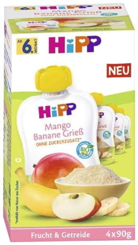 HiPP Bio Frucht & Getreide im Quetschbeutel für Baby, Mango Banane Grieß, 4x90g