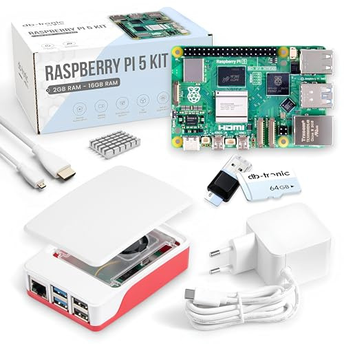 db-tronic Raspberry Pi 5 4 Go Starter Kit | Édition 64 Go | Alimentation 27 W | Boîtier avec Ventilateur | Micro HDMI 4K | Dissipateur alu | idéal pour Home Assistant et Le Smart Home