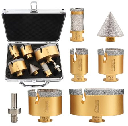 SHDIATOOL Set Punte Diamantate - 7pcs (35/50/68/100mm punte diamantate/25mm Bit delle dita/50mm Punte per smussare/HEX adattatore gambo) per Gres porcellanato Ceramica Granito Marmo