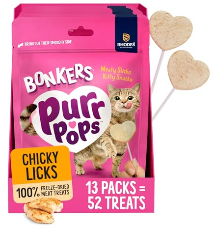 BONKERS Purrpops Cat Treats 13 Pack with 4 Lollipops Each, Freeze Dried Chicken Flavoured Pet Snacks, 52 Lollipops Total