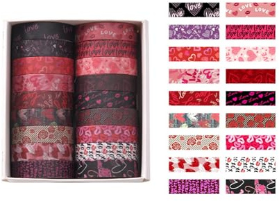 Falafoty Set di 18 rotoli di nastro Washi per San Valentino, multicolore, con rose e cuore, adesivo decorativo estetico per fai da te, album di ritagli, confezioni regalo, decorazioni per feste di