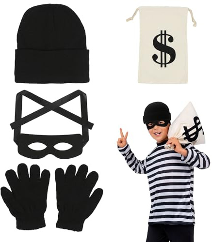 Deguisement Voleur Enfant, Costume de Voleur avec sac d'argent Dollar, Masque Bandit, Bonnets et Gants en Tricot, Deguisement Prisonnier Enfant Accessoires pour Halloween Carnaval Fête à Thème