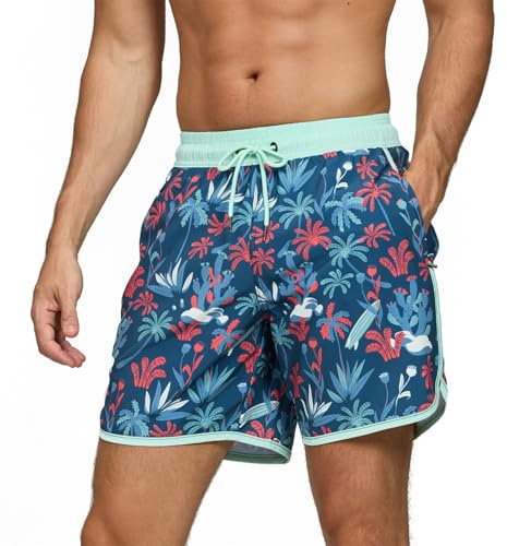 EDOTON Shorts de Bain Homme Maillot de Bain pour Homme Short de Plage à Séchage Rapide avec Réglable et Poches Surf Short uni Imprimé (Corail Bleu Marine,EU L)