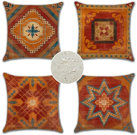JOTOM Waterproof Cushion Covers 45x45 cm Bohemian Outdoor Decorative Throw Pillow Covers 18x18 Inch Abstract Exotic Pillow Cases for Sofa Garden Porch Bench Couch Home Decor Set of 4 (Boho Style)