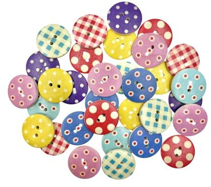 Decorative Round Wooden Buttons, 25mm/1 inch, Polka Dot and Gingham Patterns, Multicolor, 50-Pack