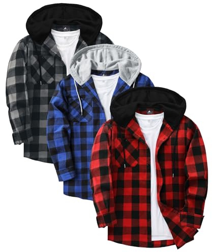 JACKETOWN 3 Pack Men's Plaid Shirts Long Sleeve Casual Hooded Flannel Shirt Multipack Work Checked Shirts Adult 4 Seasons Lightweight Button Down Hoodie with Pocket
