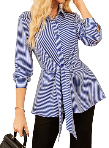 GRACE KARIN Women's Long Sleeve Striped Blouse Smart Casual Button Down Shirt Elastic Waist Tie Front Top Blue M