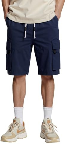 Tansozer Pantalones Cortos Hombre Cargo Algodón Bermudas Verano Trabajo con Bolsillos Casual Deporte Gym Cintura Elástica con Cordón Ajustable Color Liso Azul 0scuro XL
