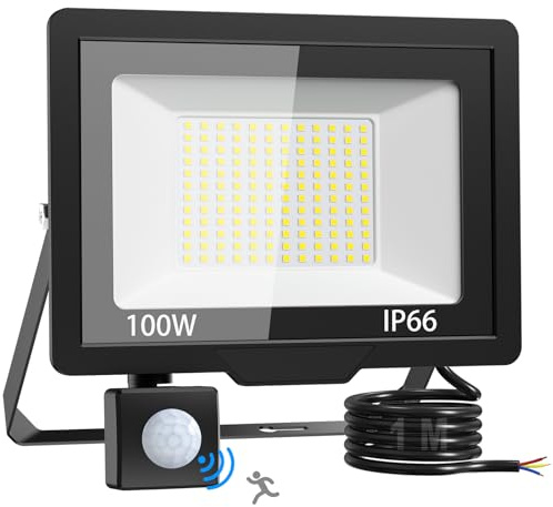 vighep 100W Security Lights Outdoor Motion Sensor, 10000LM LED Floodlight IP66 Waterproof, 6500K Cold White Outside Light Mains Powered for Garage, Garden, Backyard-1 Pack